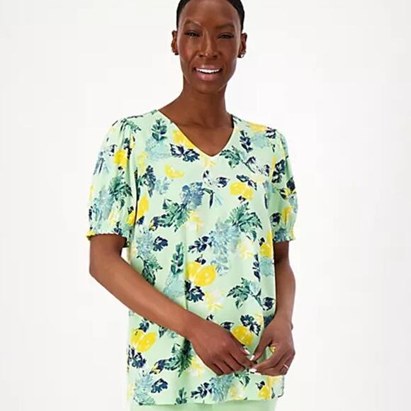 Denim & Co. Printed Blouse with Smocked Sleeve Cuff - Size XL, Green/Yellow/Blue - Picture 1 of 8